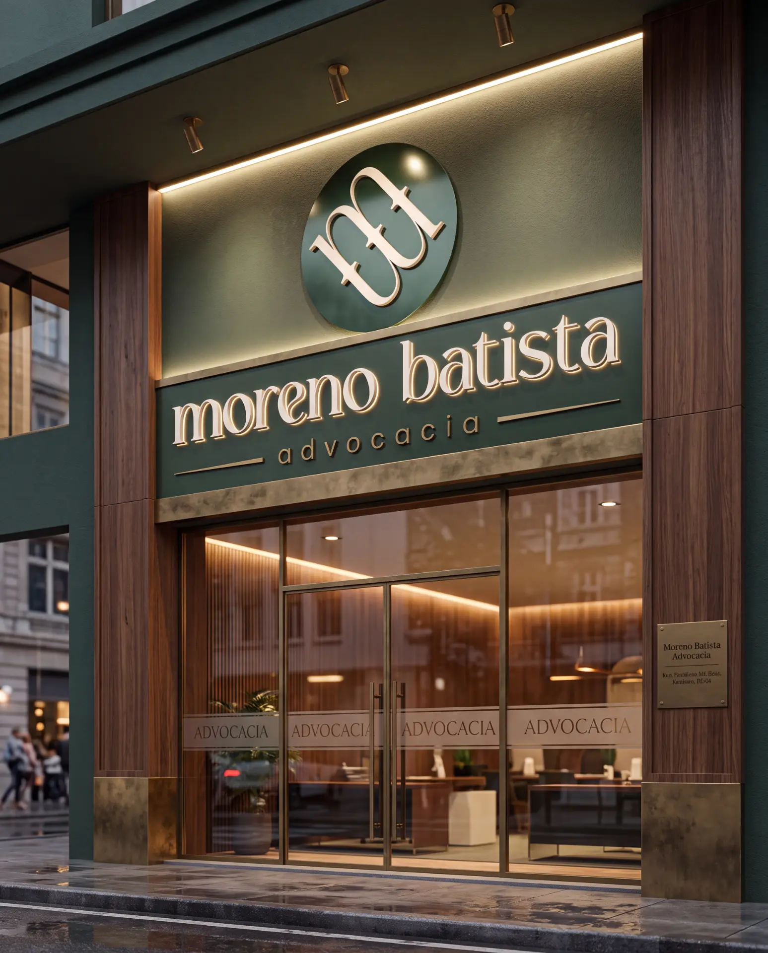 Fachada do escritório com letreiro luminoso da marca
