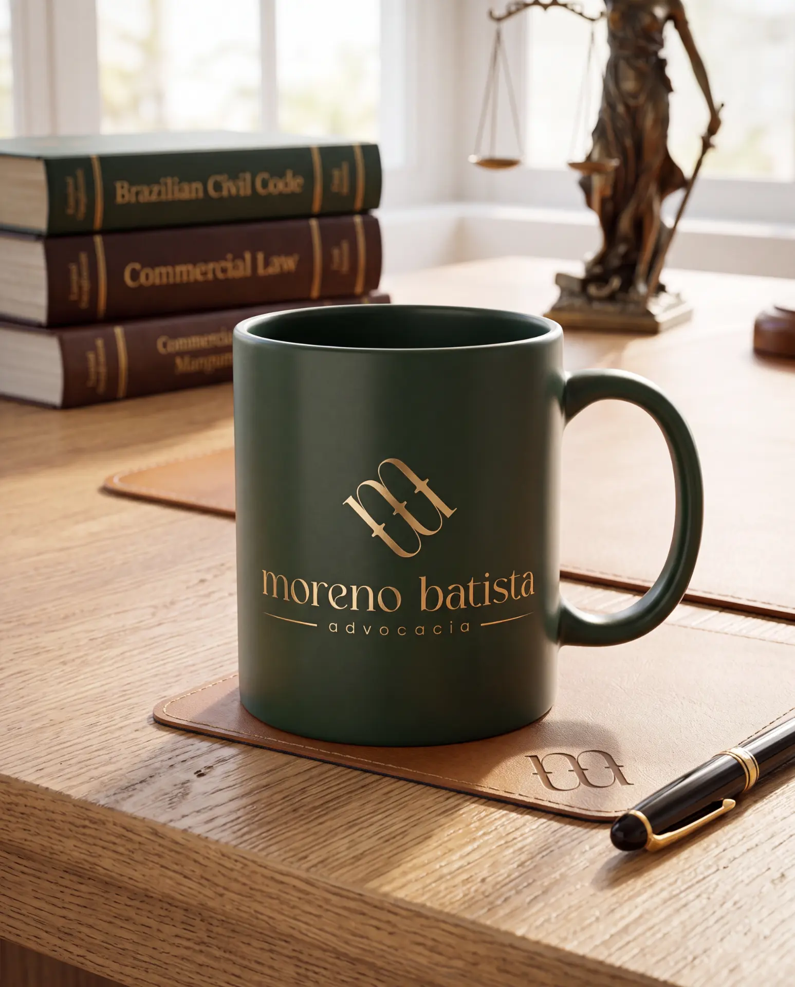 Caneca verde com logotipo dourado sobre mesa de escritório